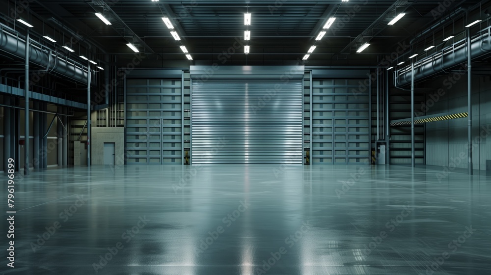 Spacious and empty industrial warehouse interior with closed shutter door and overhead lighting. Spacious and empty industrial warehouse interior with closed shutter door and overhead lighting.