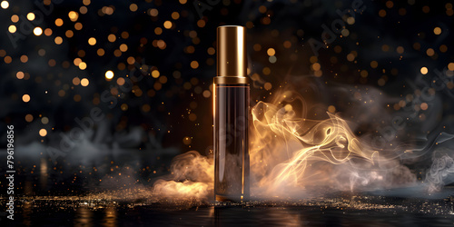     Cosmetics products with gold luxury composition perfume bottle on black blurred  gold light and glitter with smoke effect black background  