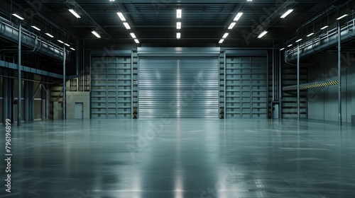 Spacious and empty industrial warehouse interior with closed shutter door and overhead lighting. © Natalia