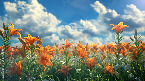 This is an image of a field of orange lilies with white centers and green stems and leaves  with a blue sky and white clouds in the background.  