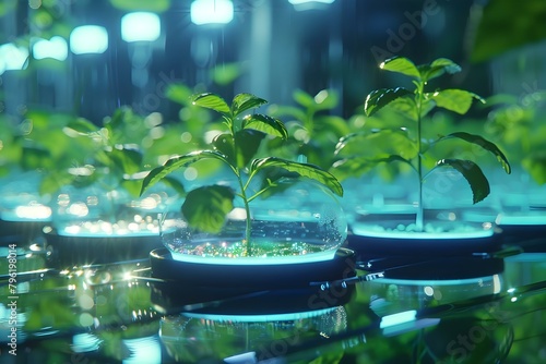 Biotechnology research on genetically modified plants grown in labs for biochemistry. Concept Biotechnology Research, Genetically Modified Plants, Lab Cultivation, Biochemistry Analysis photo