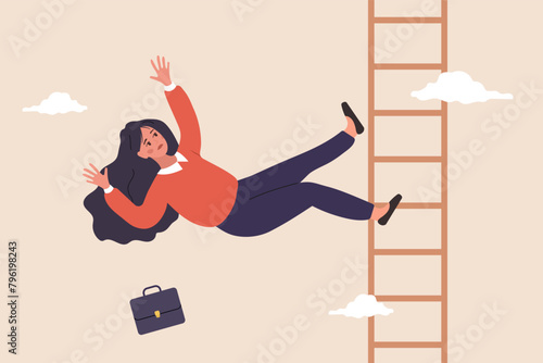 Woman falling down the career ladder. Troubles and problems on work. Economic crisis. Investors losing money concept. Vector illustration in flat cartoon style.