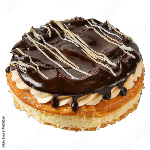 Chocolate cake decorate with large curls of shaved chocolate bordered with whipped cream
