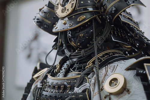 The intricate wiring of a robotic samurais armor blending traditional aesthetics with futuristic technology