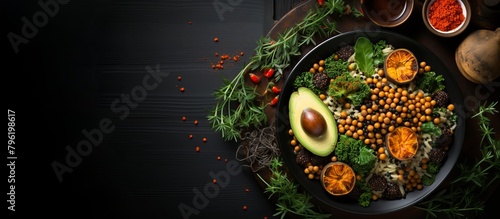 Top view of a black bowl containing a salad made with avocado, quinoa, roasted sweet potato, spinach, and chickpeas. Left copy space.