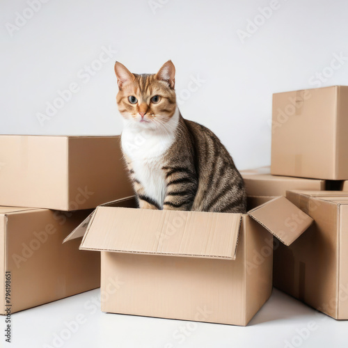 Boxes for moving in apartmentand cat. Illustration on white background.