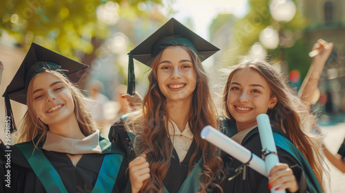 Happy young caucasian grad women is smiling and holding diploma. Happy female students with nice brown curly hair wearing black mortarboards and gowns, holding diploma in hands. Celebrating graduation photo