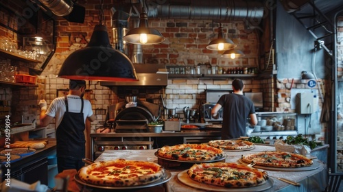 A stylish pizzeria interior with brick walls and industrial decor  pizzas being served