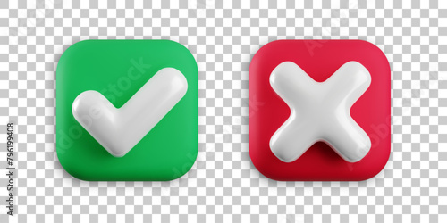 Vector 3d checkmarks icon set. Square glossy yes tick and no cross buttons on transparent background. Check mark and X symbol in green and red square realistic 3d render. Right and wrong sign set.