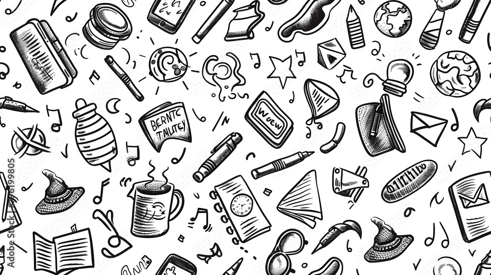Back to school doodle seamless pattern hand drawn lack and white background Back to school doodle seamless pattern hand drawn lack and white background