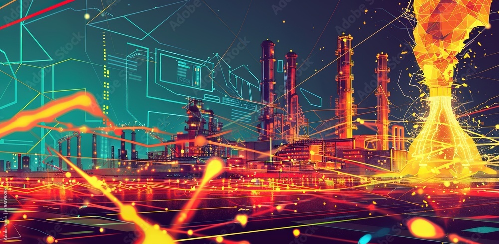 An industrial plant with energy waves connecting to digital networks in an illustration.