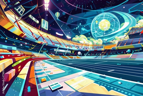 Cartoon cute doodles of a futuristic sports stadium where athletes compete in high-tech sports competitions using advanced equipment and augmented reality, Generative AI photo