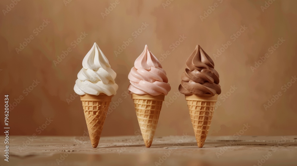 Three soft serve ice cream cones with different flavors on a warm ...