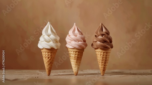 Three soft serve ice cream cones with different flavors on a warm background