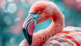 Close-up of a vibrant pink flamingo with a detailed view of its eye and feathers.	