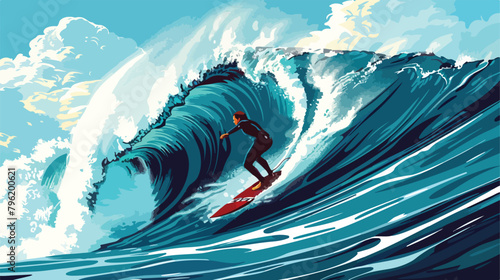 Surfer riding big ocean waves in Nazare Portugal. Vector