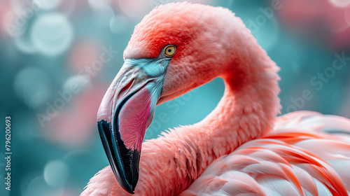 Close-up of a vibrant pink flamingo with a detailed view of its eye and feathers.	 photo