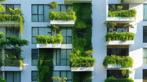 an eco-friendly building exterior with green plant walls on the balcony