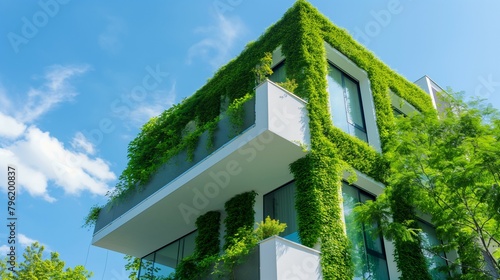 an eco-friendly building exterior with green plant walls on the balcony