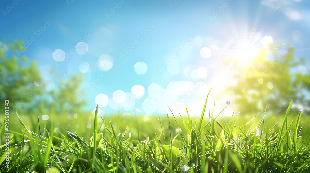 Beautiful sunny spring meadow with green grass and blue sky Beautiful sunny spring meadow with green grass and blue sky