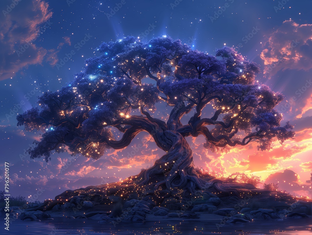 Tree illustration, vibrant fantasy, dark sky Tree illustration, vibrant fantasy, dark sky