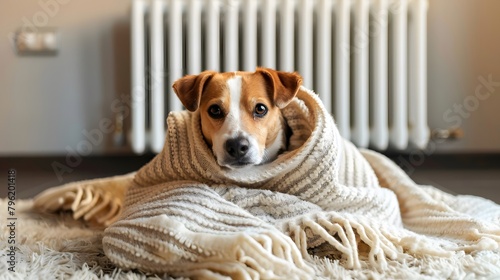毛布で温まる犬