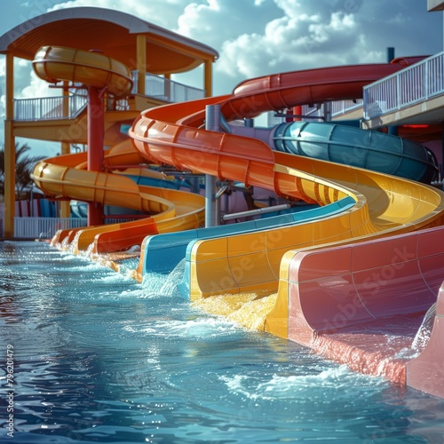Water park, bright multi-colored slides with a pool. A water park without people on a summer day. Generative AI