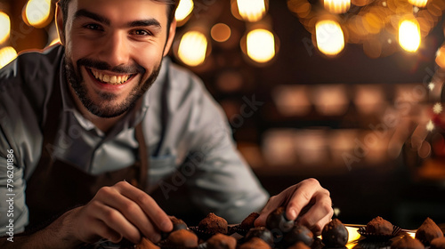 Man with chocolate truffles arrayed in an inviting display photo