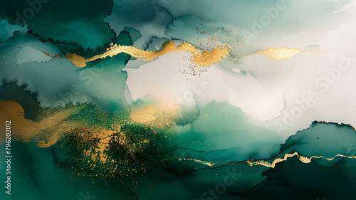 abstract painting mountain landscape by fluid green watercolor ink with gold accent of sunlight sky in concept nature, luxury