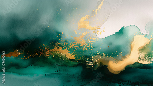 abstract painting mountain landscape by fluid green watercolor ink with gold accent of sunlight sky in concept nature  luxury