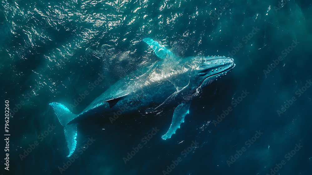 Fototapeta premium A blue whale, drone footage zoom, scene of a on sunset golden hour, looks like in a paradise, blue sky, White crystal clear water