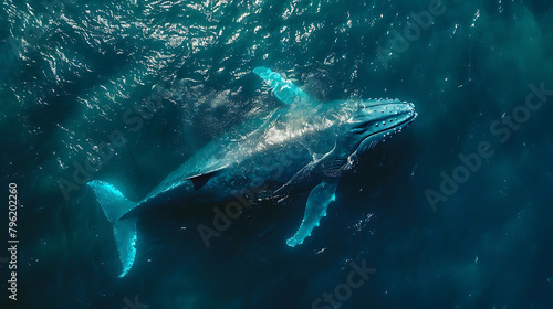 A blue whale, drone footage zoom, scene of a on sunset golden hour, looks like in a paradise, blue sky, White crystal clear water © Leokensiro