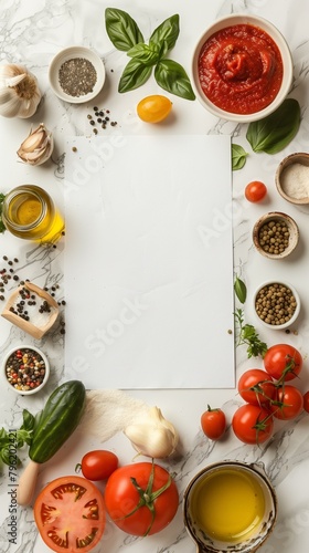 A top-down image of fresh cooking ingredients and a blank white paper on a marble background.