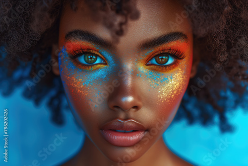 Closeup portrait of a beautiful Black woman with creative makeup on a blue background
