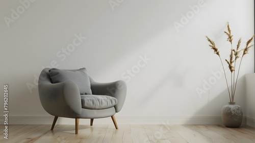 白い壁の前に置かれたグレーの椅子