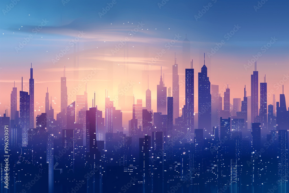 The silhouette of a high-tech city skyline at dusk, with environmentally-friendly buildings dotting the horizon sci-fi tone