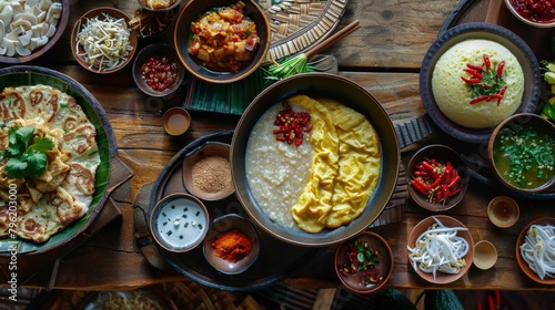 A traditional Thai breakfast spread with rice porridge, omelette, fermented sausage, and spicy condiments photo