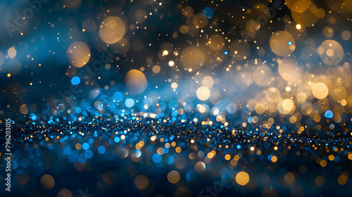 mesmerizing array of golden and blue bokeh lights, creating a dynamic and enchanting visual texture. Perfect for festive seasons, elegant backgrounds, or creative graphics.