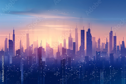 The silhouette of a high-tech city skyline at dusk, with environmentally-friendly buildings dotting the horizon sci-fi tone