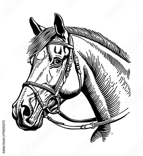 horse engraving black and white outline