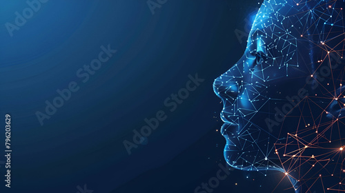 Machine learning and cyber Digital mind face of female, Big data and artificial intelligence technology concept on dark blue technology background, copy space for text