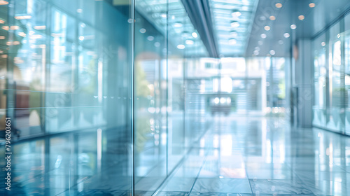 blurred perspective of sleek  modern glass hallway illuminated by soft  ambient light Ideal for conveying concepts of corporate design futuristic architecture tranquil ambiance of contemporary spaces