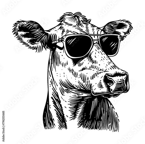 cow wearing sunglasses engraving black and white outline
