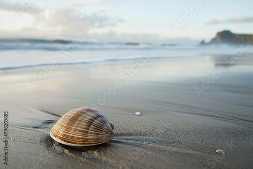 The simplicity and elegance of a lone surf clam on a sandy beach