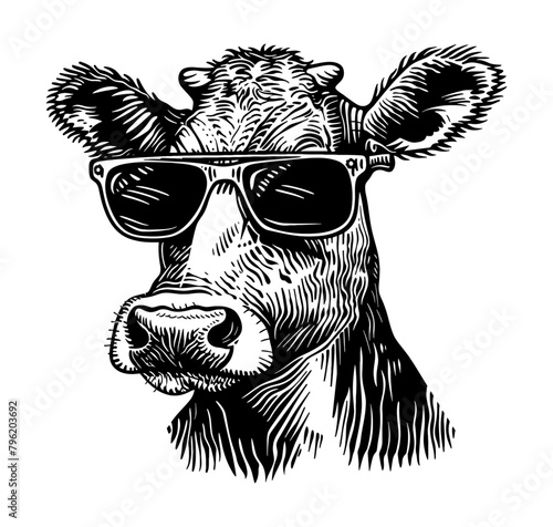 cow wearing sunglasses engraving black and white outline