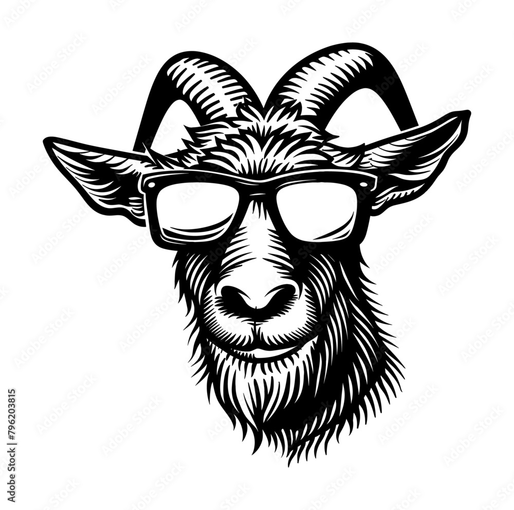 goat wearing sunglasses engraving black and white outline