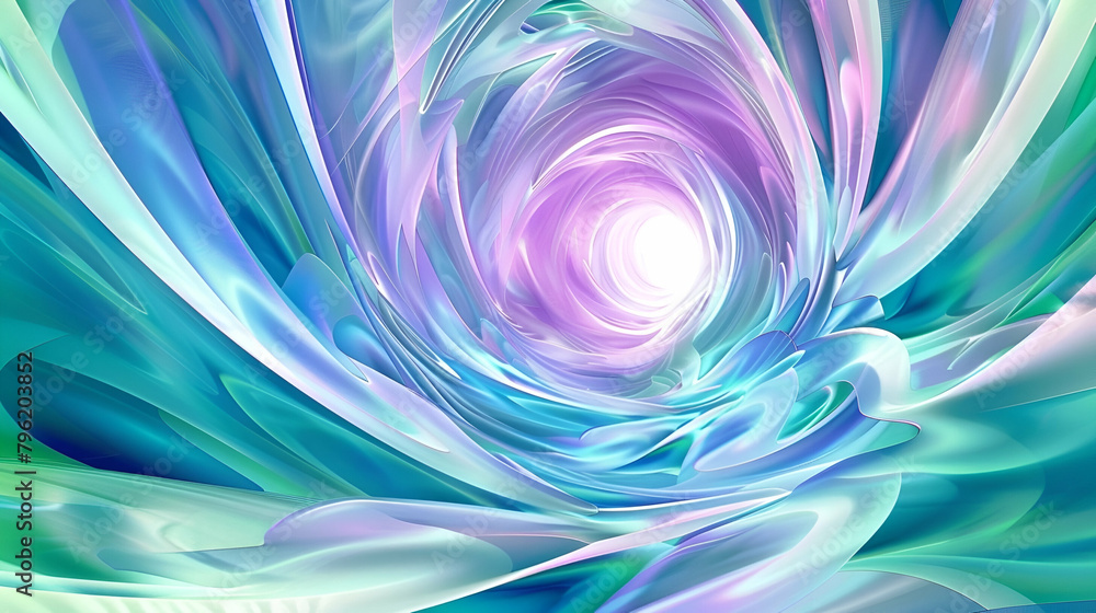 A surreal digital artwork in blue, green, purple, pink and white depicting an ethereal tunnel made of pale swirling ribbons, vibrant colors, otherworldly, high resolution, 8K