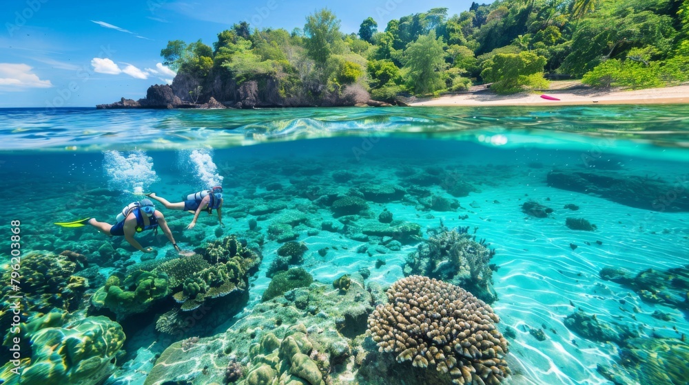 A tranquil beach scene with clear turquoise waters and a pair of snorkelers exploring vibrant coral reefs below