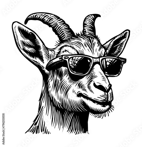 goat wearing sunglasses engraving black and white outline