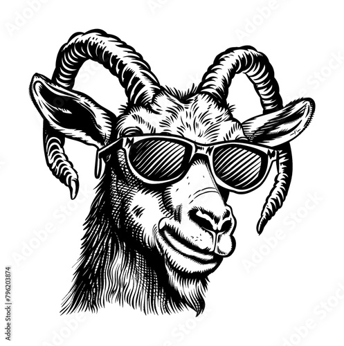 goat wearing sunglasses engraving black and white outline